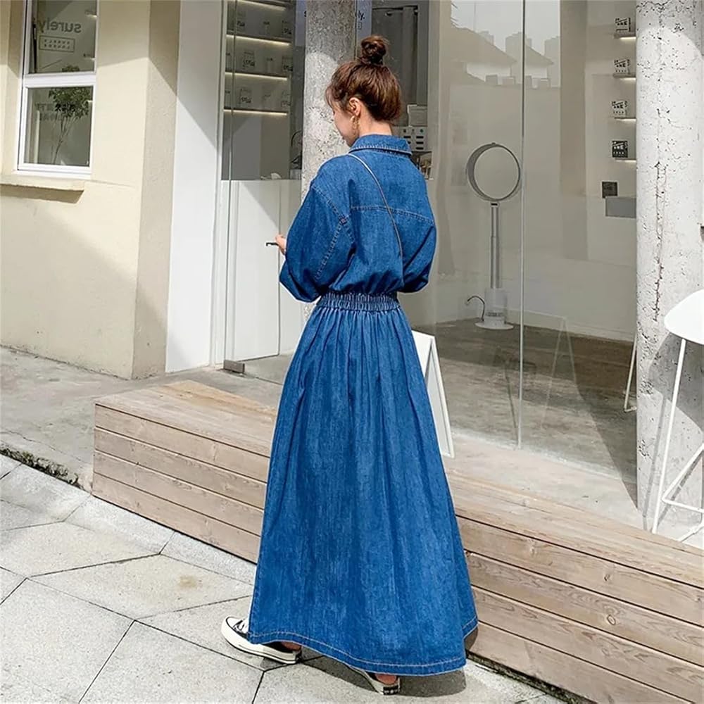 Women Long Sleeve Denim Dress Summer Turn-Down Collar Ankle